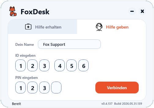 FoxDesk help mode with ID and PIN input.