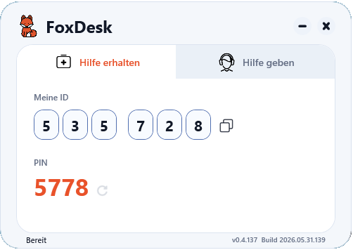 FoxDesk receive help mode with displayed ID and PIN.